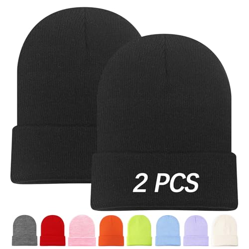 Winter Knitted Beanie Hat - 2pcs Black - One Size