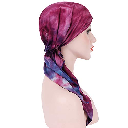 Qovelly Pre Tied Chemo Head Scarf Set - 3 Pack Long Style Beanies for Women, Dye Tie Variation L14