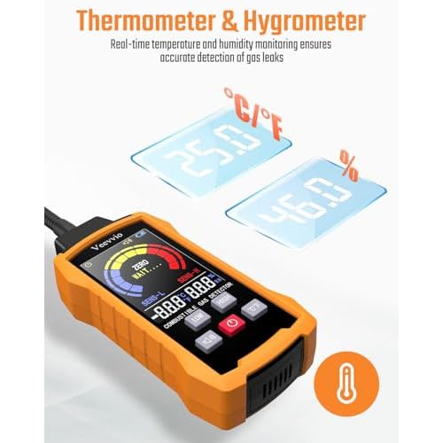 Natural Gas Detector with 18-Inch Gooseneck, Gas Leak Detector for Home, Gas Sniffer with Temp/Humidity, Audible & Visual Alarm, Locating The Source Like Propane Methane for RV (Includes Battery x6)