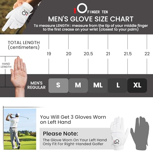 All Weather Grip Golf Gloves - Men’s 3 Pack, Left Hand, Large - White