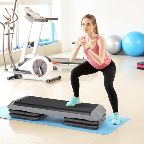 Adjustable 43'' Aerobic Step Platform with 4 Risers - Grey