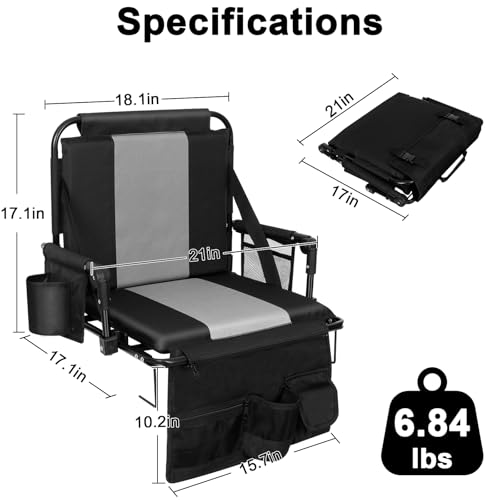Folding Stadium Seat with Armrest & Back Support - Grey & Black 18.1''
