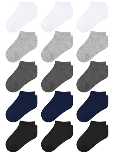 Kids' Half Cushion Low Cut Athletic Ankle Socks - 15 Pack, 4-6 Years, Black, White, Dark Gray, Navy Blue