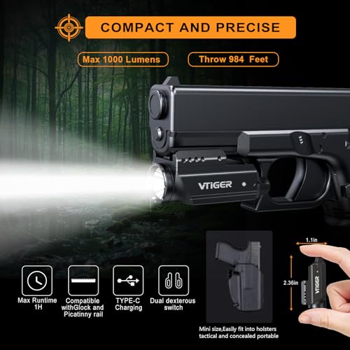 VTIGER PL1 Mini Powerful Compact Pistol Light, 1000 Lumens 984 FT Rechargeable Weapon Handgun Lights, Small Adjustable Rail-Mounted LED Tactical Flashlights for GL/1913 Picatinny Rail, IPX6