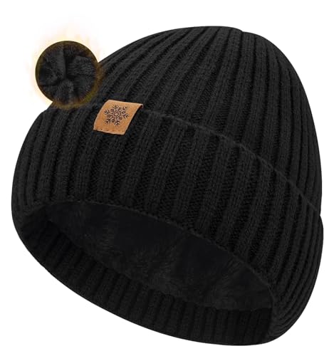 Winter Beanie Hat - Thermal Fleece Lined Knit Cap - Black