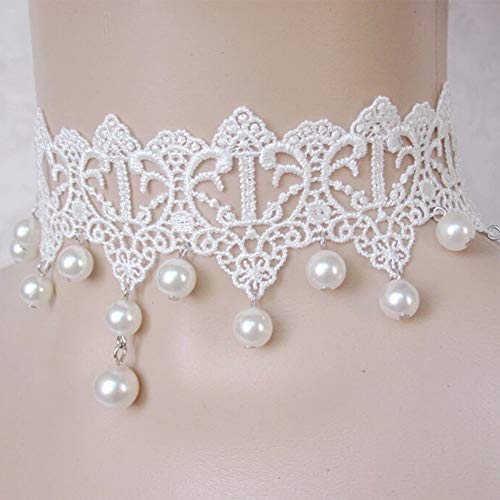 White Lace Pearl Choker Necklace - Gothic Bridal Wedding Jewelry