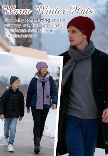 Satin Lined Beanie for Women & Men - Slouchy Winter Hat - Black Yarn