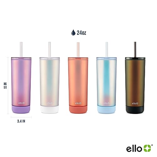 Ello Monterey 24oz Silver Double Walled Insulated Plastic Tumbler with Straw & Coaster
