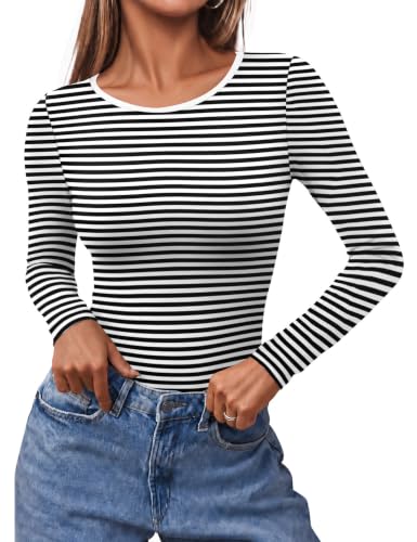 Ekouaer Long Sleeve Slim Scoop Neck Top for Women — Stripe Print, Medium