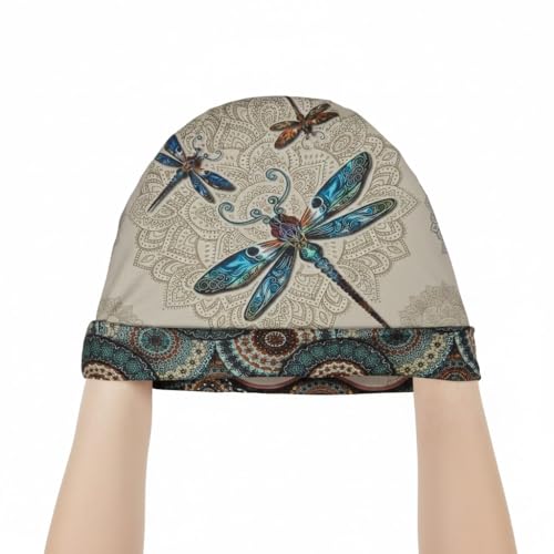 Tenna Teki Women's Slouchy Beanie Chemo Headwear Cancer Hat with Dragonfly Mandala Beige - One Size