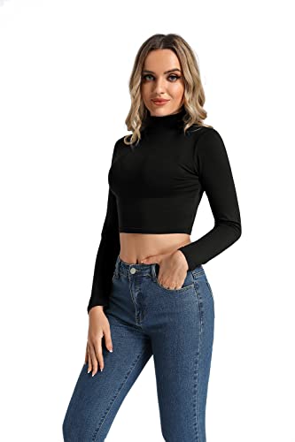 Lightweight Turtleneck Long Sleeve Crop Top - Black, X-Small
