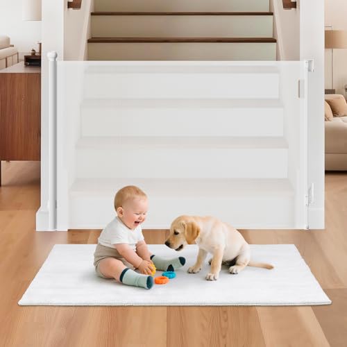 Retractable Baby Gate for Stairs, 55" Wide 38" High Pet Gate with Auto-Retract System, One-Hand Operation, Mesh Baby Gate for Doorways, Hallways, Decks, Indoor & Outdoor, White