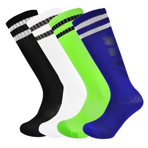 Kids Soccer Socks 5-7 Years Pack - Toddler Athletic Knee-High Football Socks (Black/Blue/White/Green)