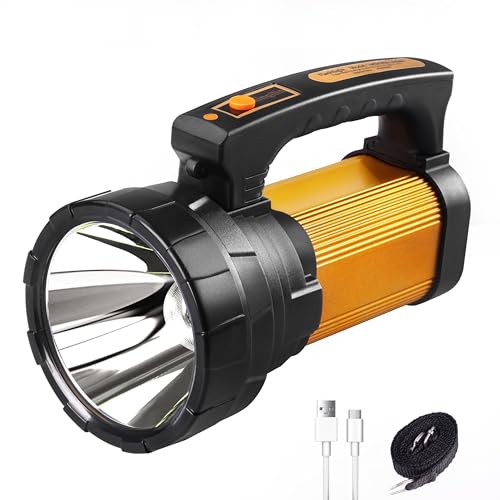 1200LM Rechargeable Spotlight Flashlight, IP67 Waterproof Handheld Flashlight with 3400mAh, 30H Runtime, USB Output, Led Spotlight with Shoulder Strap for Outdoor Camping Hunting Emergency