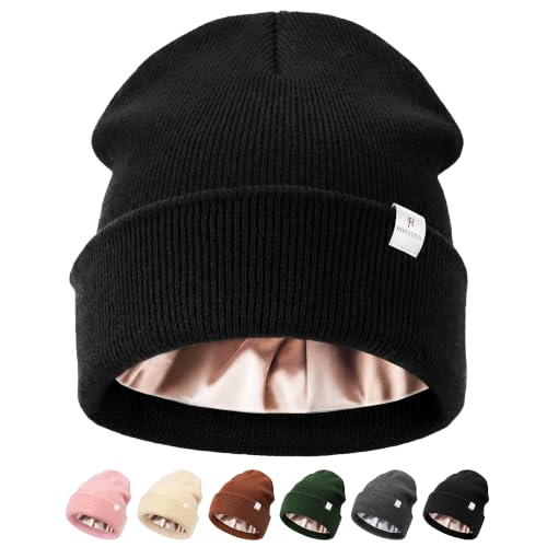 Satin Lined Knit Beanie Hat - One Size, Black