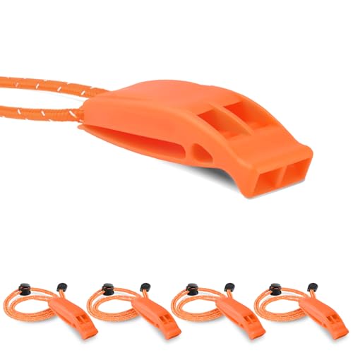 4-Pack Emergency Survival Whistles with Reflective Lanyard - Orange