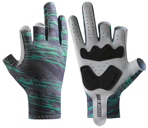Fishing Gloves for Men & Women - Anti-Slip Padded Kayak Gloves, 3-Cut Fingers UV Protection - Green / Medium
