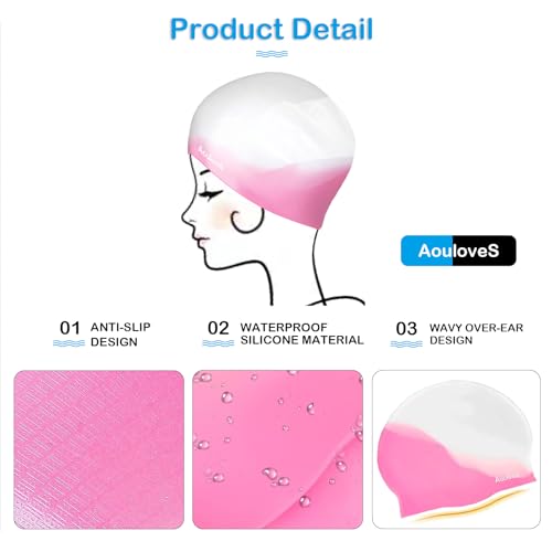 Kids Swim Cap 2 Pack - Silicone Swimming Caps for Long & Short Hair - Pink & Green-Blue