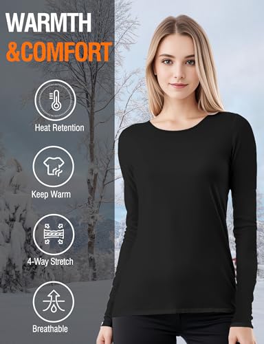 YOGINGO Women's Black Long Sleeve Thermal Underwear Lightweight Compression Baselayer Top - Medium