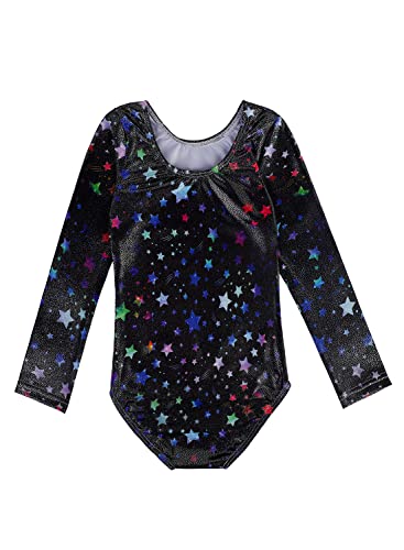 Girls Long Sleeve Sparkly Gymnastics Leotard - Black Fancy Stars 9-10Y