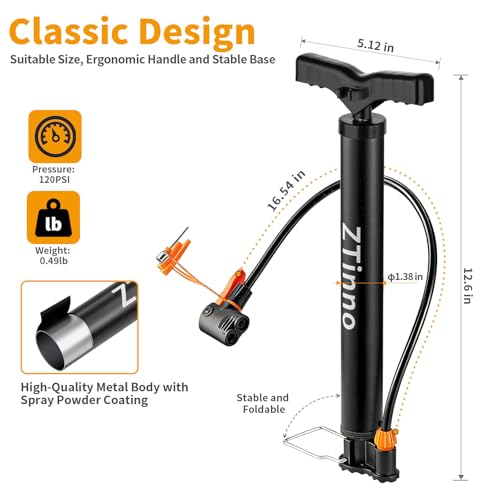 Portable Floor Bike Pump with Dual Presta & Schrader Valves