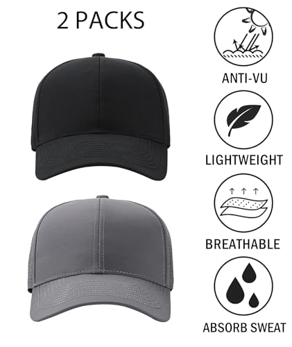 LIRUHOXA 2 Pack Snapback Hats for Men Women - Quick Dry Workout Caps, Dark Grey & Black