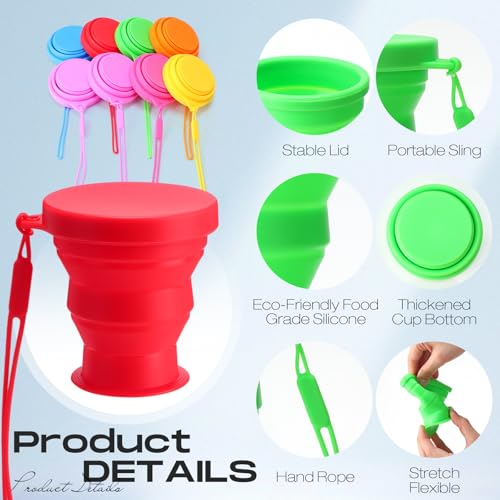 Funnymoom 8-Pack Collapsible Silicone Travel Cups with Lids - Rainbow Colors, 7 oz