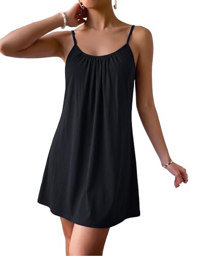 Ekouaer Women's Black Medium Swimsuit Cover Up with Spaghetti Straps and Pleated Neck