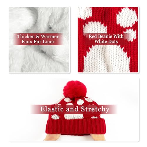 Women's Fleece Lined Winter Beanie Hat with Earflaps and Pom - Red Dots