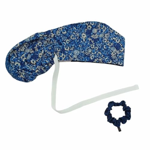 Scrub Cap with Silky Inner - Adjustable Cotton Hat with Sweatband - One Size Blue Flower