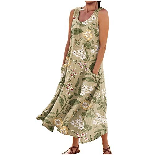 Floral Printed Sleeveless Dress for Women - Casual Long with Pockets, XX-Large Green
