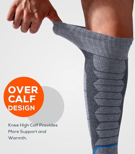 Large Grey Merino Wool Ski Socks for Men Women & Youth - Over-the-Calf Thermal Snowboard Socks