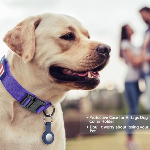 DAGANXI Tactical Dog Collar Purple M - Adjustable Military Nylon Collar with Control Handle & Airtags Case