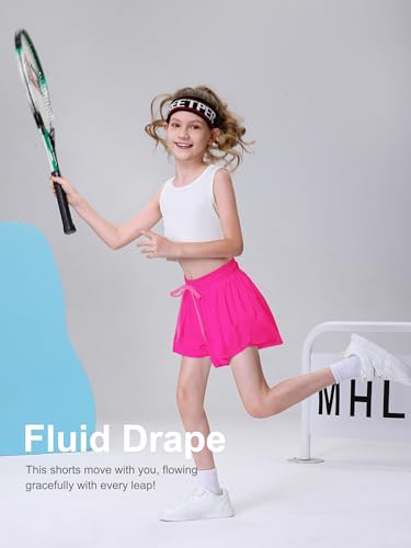 DIPUG Girls Butterfly Shorts with Pockets - 2-in-1 Flowy Athletic Cheer Skorts, Hot Pink, 10-11 Years