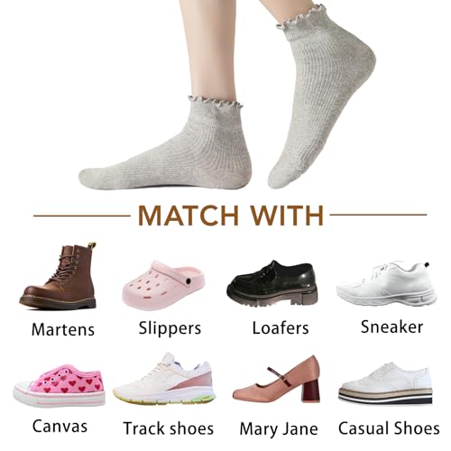 Women's Vintage Ruffle Ankle Socks - 8 Pairs Black, White & Grey