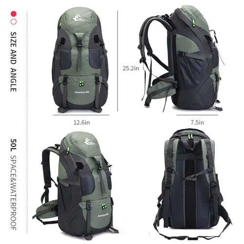 Bseash 50L Hiking Backpack with Shoe Compartment - Water-Resistant Lightweight Outdoor Daypack, Army Green