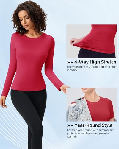 Women's Long Sleeve Compression Shirt - Moisture Wicking Workout Top - Red - Medium