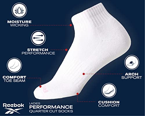 Reebok Women’s Quarter Socks 6-Pack - Black/White, Moisture-Wicking Cushioned Ankle