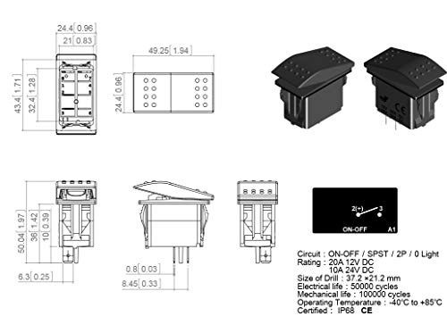 SPST On-Off Rocker Switch - Waterproof 12V 20A Marine Replacement