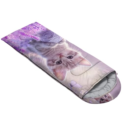 HOSIMA Kids & Adults Purple Cat Pattern 90in x 32in Waterproof Sleeping Bag - Cold Weather Camping Gear