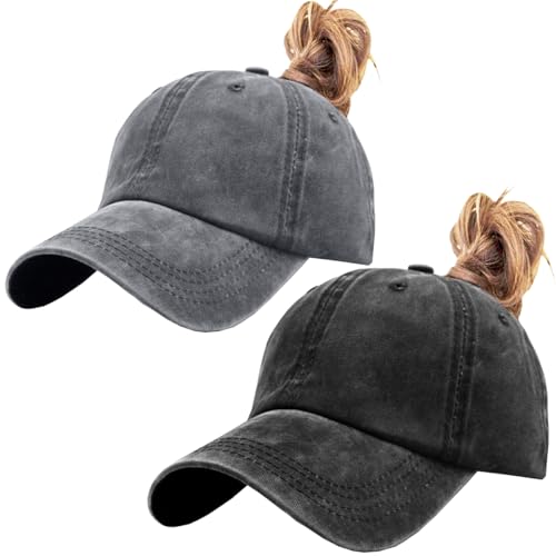 ZEXIAN Womens Vintage Washed Distressed Ponytail Hole Baseball Cap - One Size Black/Gray