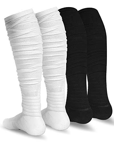 Finerview Extra Long Padded Football Socks 2 Pairs Black/White Large Men Women Sports