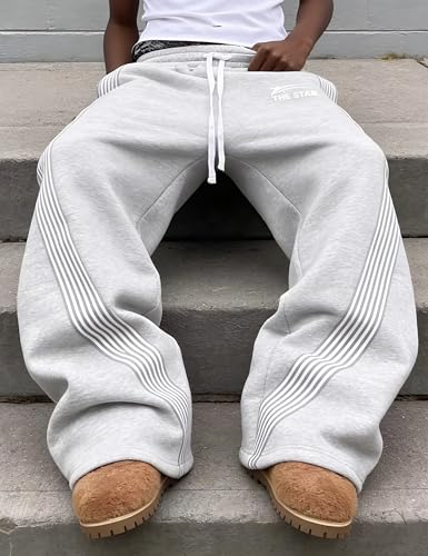 FCOOLYEET Men's Y2K Grey Baggy Sweatpants with Drawstring Waist, Open Bottom, Medium