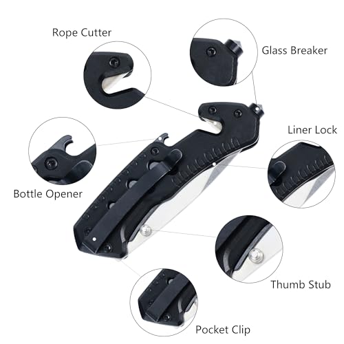 ALBATROSS Classic Multifunction Pocket Folding Knife with Bottle Opener¡¢Glass Hammer and Rope Cutter, Satin Coated Blade and Aluminum Handle£¬£¬Christmas Gift for Men Women,AS-23265 (Black)