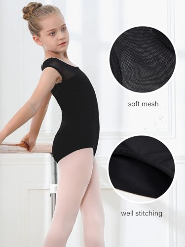 Stelle Girls Ballet Leotard with Cotton Mesh Cap Sleeves for Dance Class, 8-9 Years, Black
