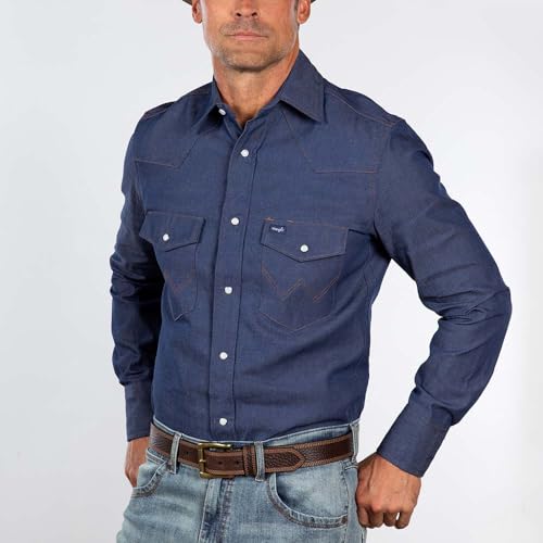 Wrangler Men's Cowboy Cut Indigo Work Shirt - Large, Firm Finish Western Snap