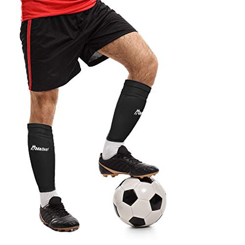 Malker Kids Youth & Adult Black Large Soccer Shin Guards with Sleeves - Lightweight & Protective