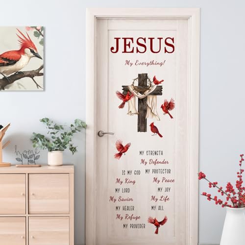 Yovkky Christian Cross Cardinal Memorial Wall Decals Stickers, Religious Red Birds Jesus is My God Home Bedroom Decor, Bible Verse Quotes Living Room Kitchen Decorations Art