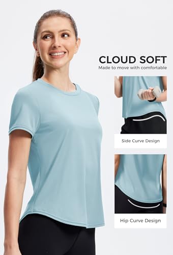 Womens Summer Workout T-Shirt - Short Sleeve Crewneck - Large Blue