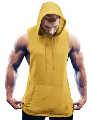 COOFANDY Men's Yellow Workout Hooded Tank Top - Bodybuilding & Gym Sleeveless Shirt, Medium